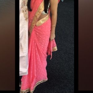 Coral Chiffon Sari with Gold Border